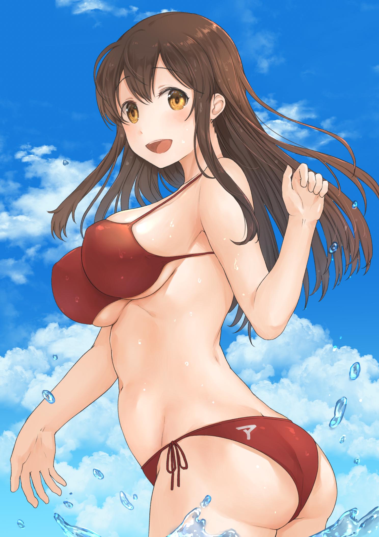 1girl :d akagi_(kantai_collection) alternate_costume ass bare_shoulders bikini blue_sky breasts brown_eyes brown_hair clothes_writing cowboy_shot from_below fukuroumori highres kantai_collection large_breasts long_hair looking_at_viewer midriff navel open_mouth partially_submerged red_bikini sky smile solo straight_hair swimsuit under_boob