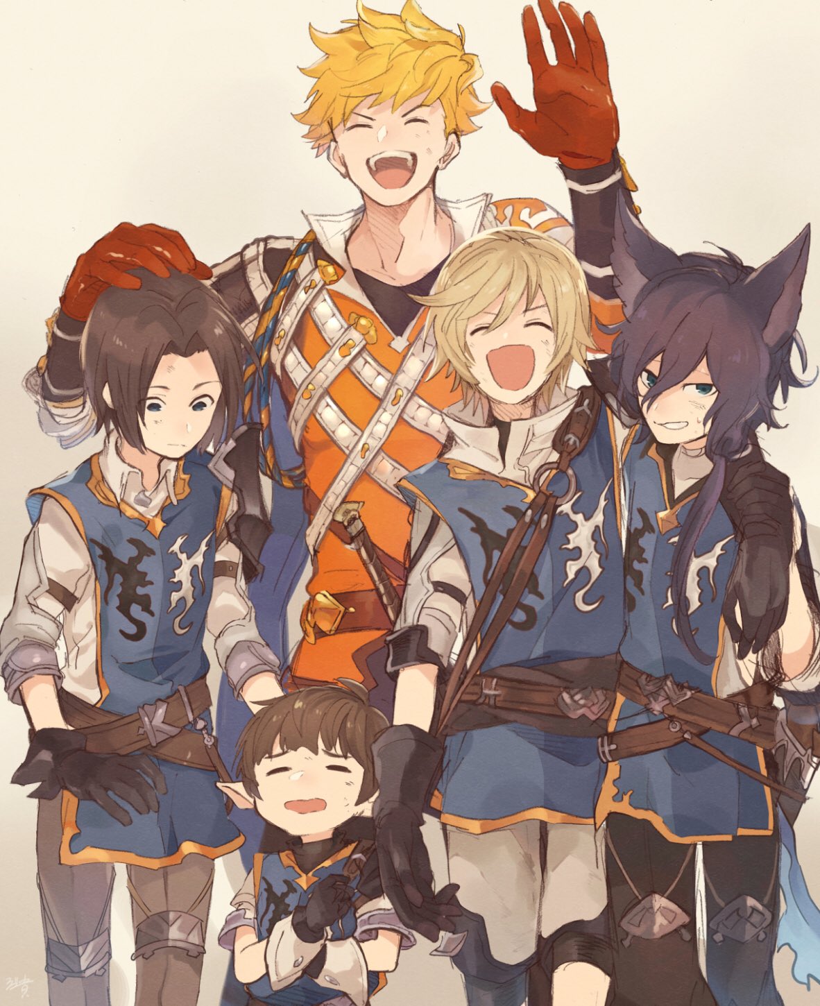 5boys animal_ears arm_around_shoulder arthur_(granblue_fantasy) black_hair blonde_hair brown_gloves brown_hair closed_eyes cruz_(granblue_fantasy) erun_(granblue_fantasy) gloves granblue_fantasy hair_intakes hand_on_another's_head harbin height_difference highres male_focus mordred_(granblue_fantasy) multiple_boys red_gloves rozu_ki tornelio_(granblue_fantasy) vane_(granblue_fantasy)