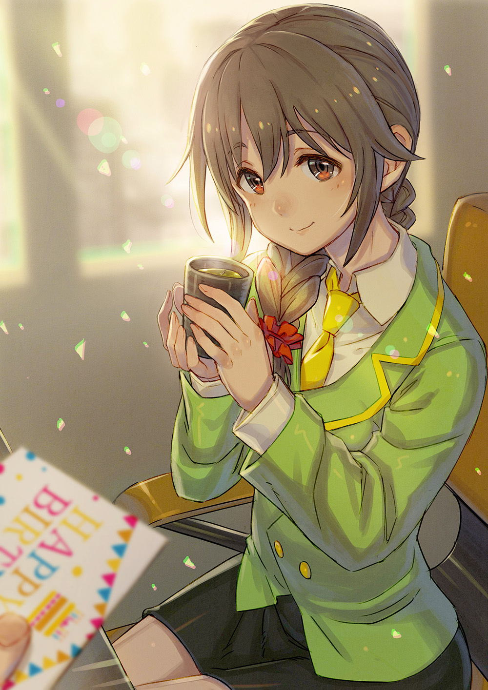 1girl arms_up bangs birthday_card black_skirt blurry bokeh braid closed_mouth collared_shirt commentary_request cup depth_of_field drinking_cup green_jacket green_tea hair_between_eyes happy_birthday highres holding holding_cup idolmaster idolmaster_cinderella_girls jacket kusano_shinta lens_flare light_brown_hair long_hair long_sleeves looking_at_viewer necktie on_chair pencil_skirt pov school_uniform senkawa_chihiro shirt single_braid sitting skirt smile solo tea white_shirt wing_collar yellow_neckwear