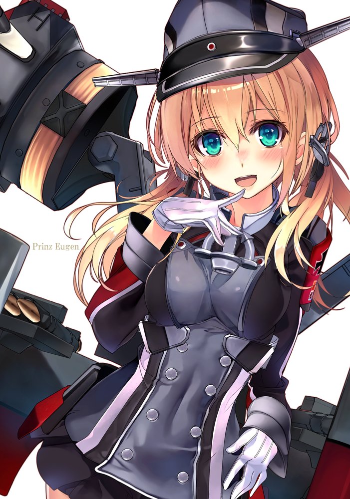 1girl bangs black_ribbon black_skirt blonde_hair blush finger_to_mouth gloves green_eyes hair_between_eyes hair_ornament hair_ribbon hand_on_hip hat kantai_collection long_sleeves looking_at_viewer low_twintails machinery military military_uniform miniskirt open_mouth peaked_cap pleated_skirt prinz_eugen_(kantai_collection) ribbon shirokitsune simple_background skirt smile solo torpedo_tubes turret twintails uniform white_background white_gloves