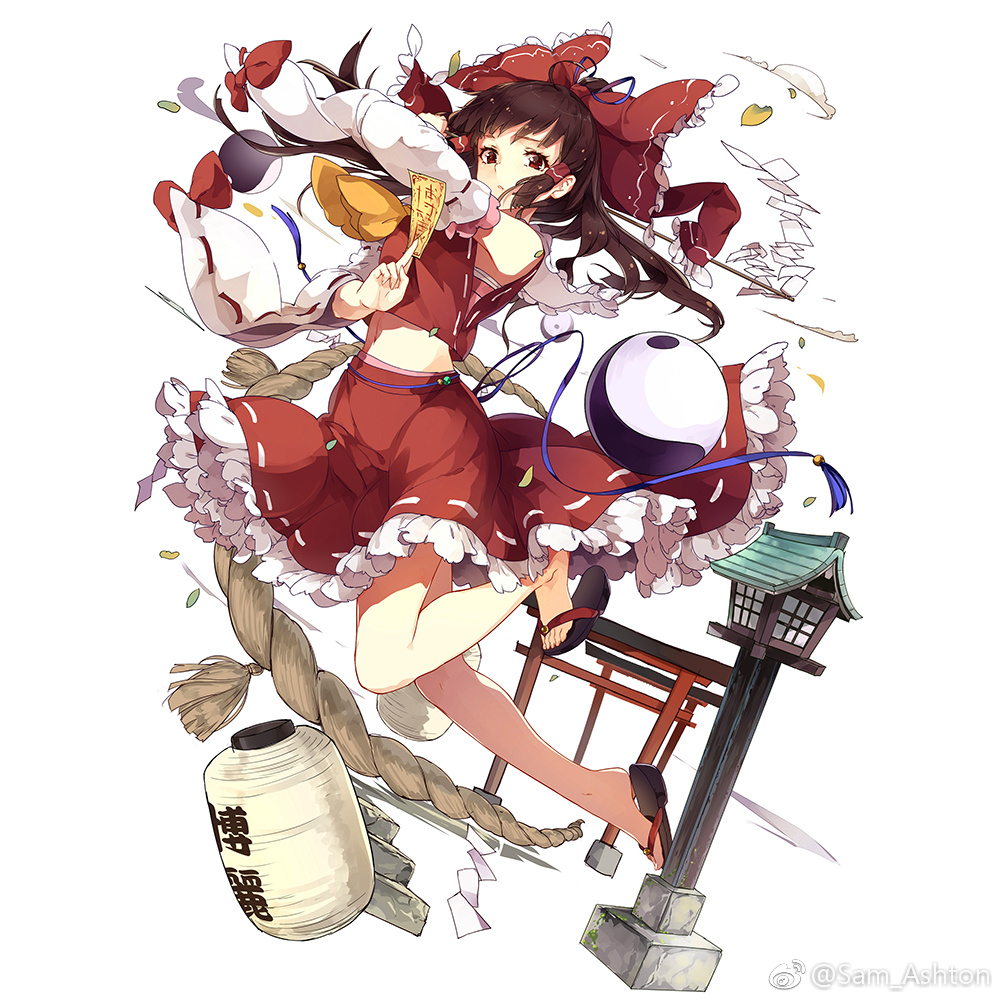 1girl ascot bare_legs barefoot bow brown_hair detached_sleeves full_body hair_bow hair_tubes hakurei_reimu holding lantern long_hair looking_at_viewer midriff miniskirt ofuda paper_lantern red_bow red_eyes red_skirt ribbon-trimmed_sleeves ribbon_trim rope sam_ashton sandals shide shimenawa simple_background skirt skirt_set solo tassel torii touhou vest white_background yellow_neckwear yin_yang