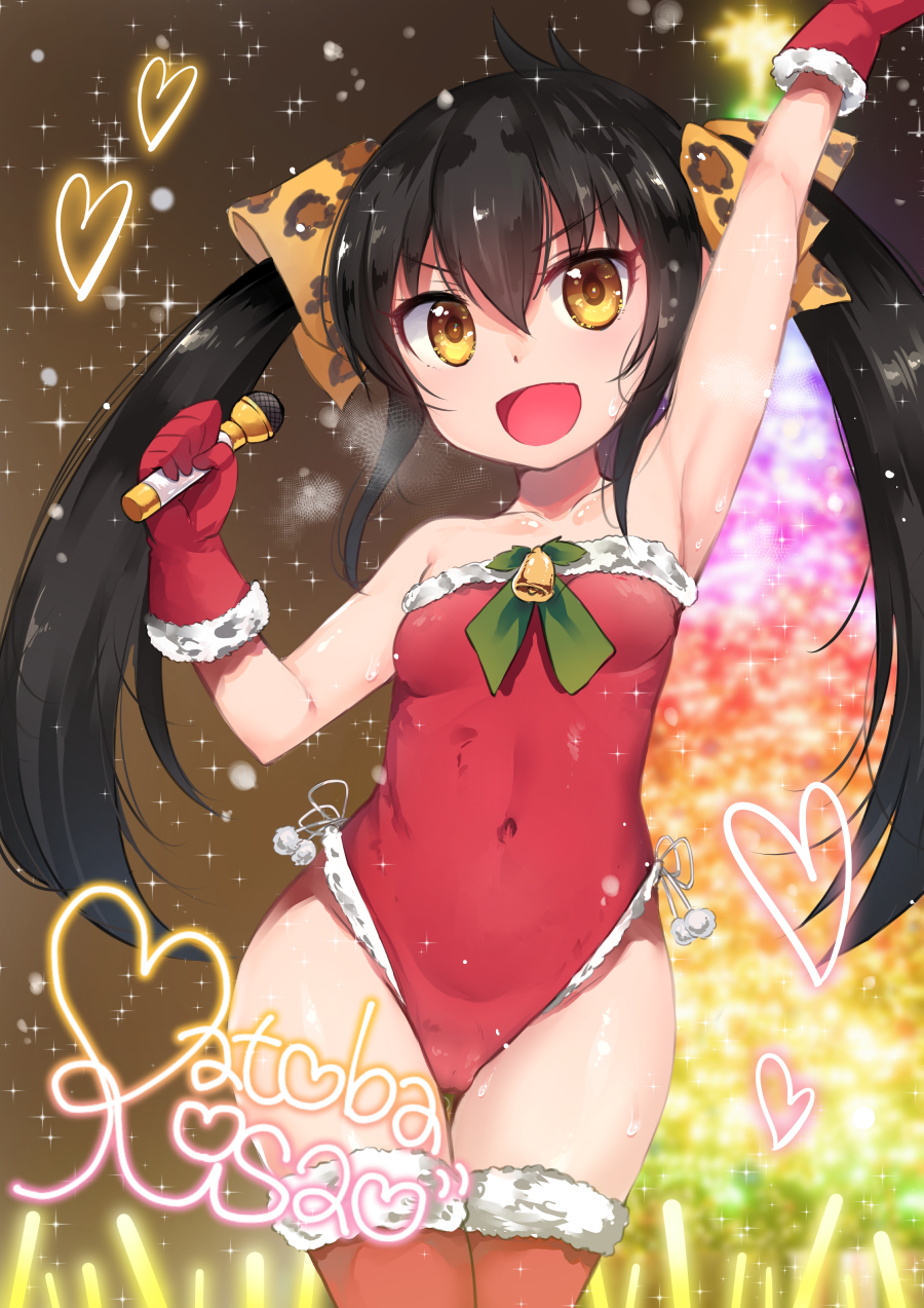 1girl :d animal_print arm_up bangs bare_shoulders bell black_hair breasts brown_eyes brown_legwear character_name collarbone commentary_request covered_navel eyebrows_visible_through_hair fur-trimmed_gloves fur-trimmed_legwear fur-trimmed_leotard fur_trim gloves groin hair_between_eyes hair_ribbon head_tilt heart highres idolmaster idolmaster_cinderella_girls leopard_print leotard matoba_risa open_mouth panbai red_gloves red_leotard ribbon santa_costume santa_gloves sidelocks small_breasts smile solo sweat thigh-highs twintails v-shaped_eyebrows