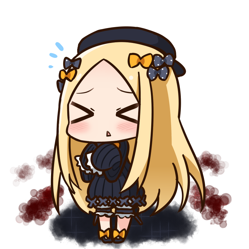 &gt;_&lt; 1girl abigail_williams_(fate/grand_order) black_bow black_dress black_hat black_shes blonde_hair blush bow chibi closed_eyes dress facing_viewer fate/grand_order fate_(series) flying_sweatdrops full_body hair_bow hana_kazari hands_in_sleeves hat leg_garter long_hair long_sleeves orange_bow parted_lips shoes solo standing triangle_mouth very_long_hair white_background