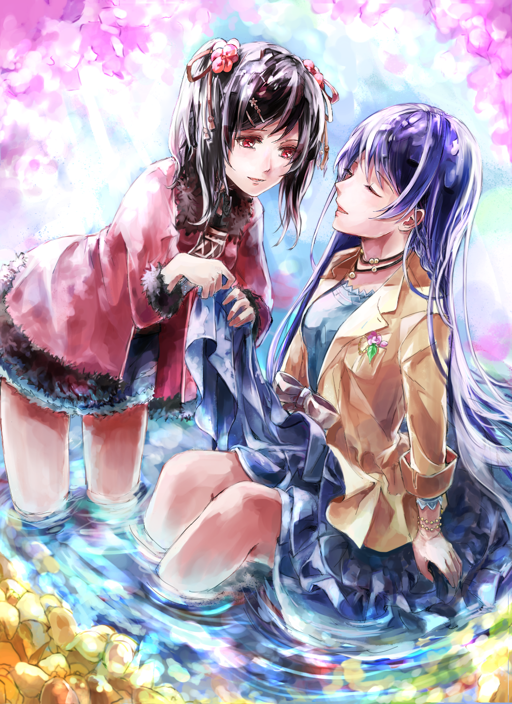 2girls artist_request bangs black_hair blue_hair blue_skirt closed_eyes coat commentary_request flower hair_between_eyes hair_flower hair_ornament highres jewelry long_hair looking_at_another love_live! love_live!_school_idol_festival love_live!_school_idol_project multiple_girls necklace open_mouth red_eyes shorts sitting skirt sonoda_umi twintails water wet wet_clothes yazawa_nico