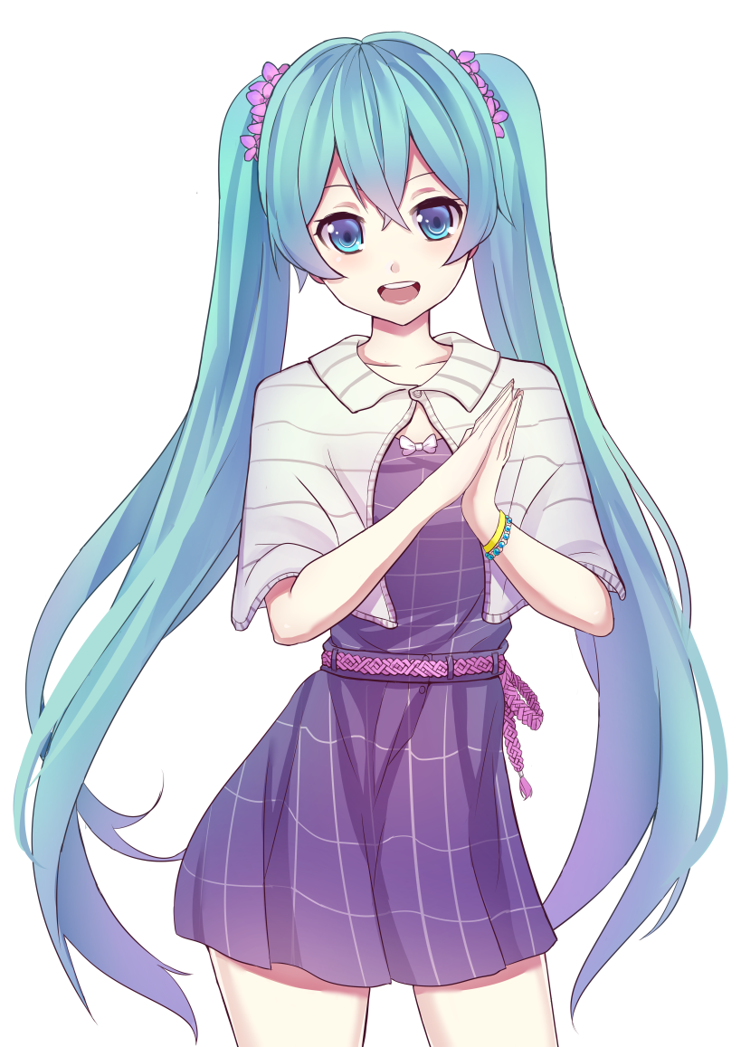 1girl belt blue_eyes blue_hair bracelet capelet contrapposto cowboy_shot dress hair_between_eyes hands_clasped hatsune_miku jewelry long_hair open_mouth own_hands_together purple_dress saito_(pigrank) simple_background smile solo twintails very_long_hair vocaloid white_background