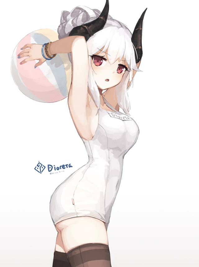 1girl :o albino armpits arms_up ball beachball black_legwear blue_nails blush bracelet breasts competition_school_swimsuit covered_navel cowboy_shot eyebrows_visible_through_hair gradient gradient_background holding holding_ball horns jakoujika jewelry looking_at_viewer looking_to_the_side medium_breasts multicolored multicolored_nail_polish nail_polish name_tag open_mouth original pink_nails red_eyes sidelocks skin_tight solo standing swimsuit thigh-highs thighs v-shaped_eyebrows white_background white_hair white_swimsuit