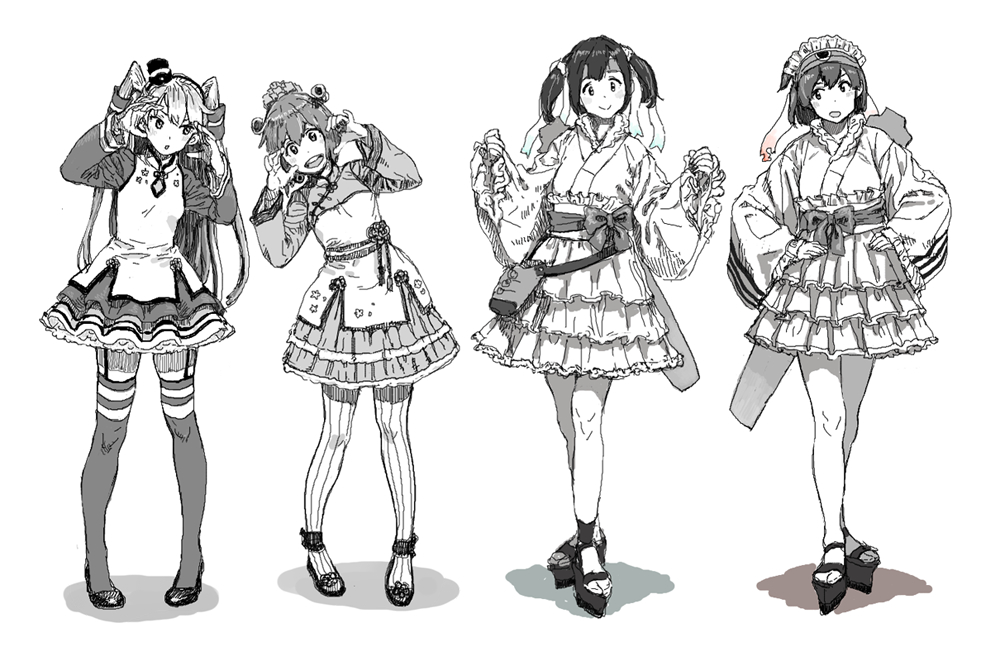 4girls amatsukaze_(kantai_collection) dress flight_deck flower frilled_dress frilled_sleeves frills garter_straps geta gloves greyscale gufu6 hair_ornament hair_scrunchie hair_tubes hairband hands_on_hips hands_on_own_face hat headdress headgear hiryuu_(kantai_collection) idol japanese_clothes kantai_collection kimono kimono_skirt legs_crossed lolita_fashion long_hair long_sleeves looking_at_viewer mini_hat monochrome multiple_girls obi open_mouth pantyhose sash scrunchie shoes short_hair souryuu_(kantai_collection) thigh-highs twintails watson_cross white_background wide_sleeves yukikaze_(kantai_collection)