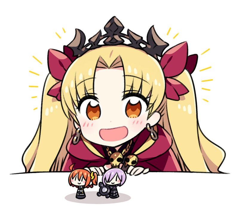 1girl :d bangs blonde_hair blush cape chan_co character_doll chibi crown dot_nose earrings ereshkigal_(fate/grand_order) eyebrows_visible_through_hair fate/grand_order fate_(series) figure fujimaru_ritsuka_(female) happy jewelry long_hair looking_at_viewer mash_kyrielight open_mouth purple_cape simple_background smile solo tohsaka_rin twintails white_background