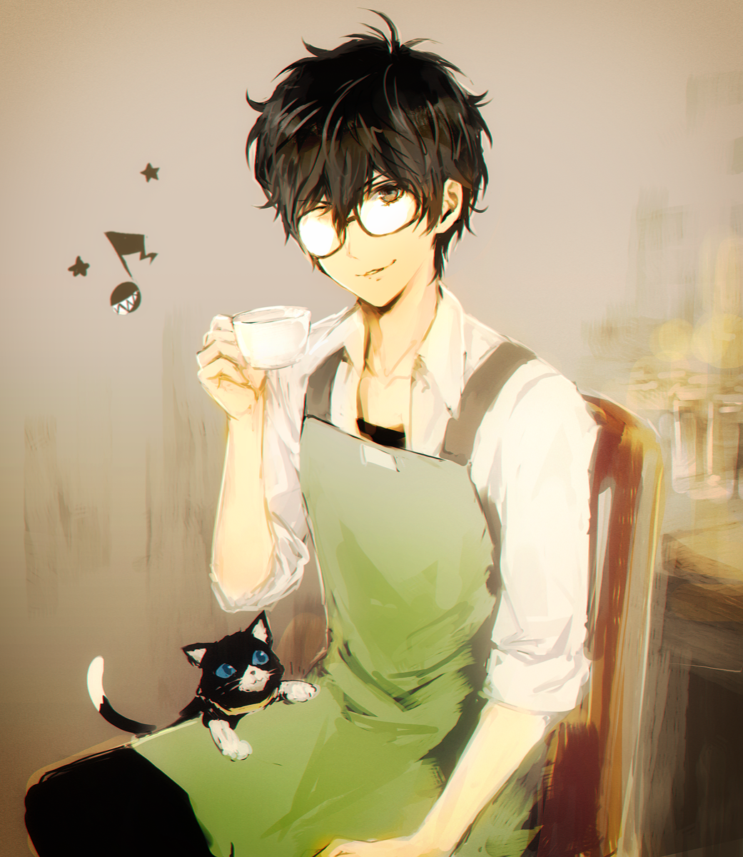 1boy 1other amamiya_ren apron atlus black_hair blue_eyes brown_eyes cat chair collarbone collared_shirt cup gameplay_mechanics glasses green_apron hair_between_eyes hand_up head_tilt highres holding holding_cup kurusu_akira long_sleeves male_focus megami_tensei messy_hair mittens morgana_(persona_5) mozuyun musical_note pants parted_lips persona persona_5 shirt short_hair sitting sleeves_rolled_up smile super_smash_bros. upper_body white_shirt wing_collar