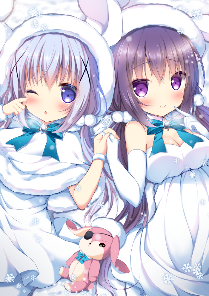 2girls animal_hat bangs blue_eyes blue_hair blue_neckwear blush bow bowtie breasts bunny_hat capelet chestnut_mouth cleavage closed_mouth commentary_request dress elbow_gloves eyebrows_visible_through_hair eyepatch gloves gochuumon_wa_usagi_desu_ka? hair_between_eyes hair_ornament hand_holding hat heart interlocked_fingers kafuu_chino long_hair low_twintails medium_breasts multiple_girls one_eye_closed parted_lips pom_pom_(clothes) purple_hair shibainu_niki smile snowflakes stuffed_animal stuffed_bunny stuffed_toy tedeza_rize twintails violet_eyes white_capelet white_dress white_gloves white_hat x_hair_ornament