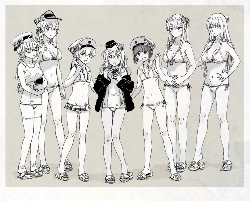 6+girls :d ahoge alternate_costume bikini bikini_bottom bikini_top bismarck_(kantai_collection) blush book bow breasts clothes_writing flat_chest flower garrison_cap glasses graf_zeppelin_(kantai_collection) greyscale gufu6 hair_between_eyes hair_bow hair_flower hair_ornament hand_on_hip hand_on_own_stomach hat hat_bow holding holding_book i-8_(kantai_collection) jacket kantai_collection large_breasts long_hair low_ponytail low_twintails medium_breasts monochrome multiple_girls navel no_hat no_headwear open_mouth peaked_cap prinz_eugen_(kantai_collection) remodel_(kantai_collection) ribs ro-500_(kantai_collection) sailor_hat sandals school_swimsuit short_hair sidelocks small_breasts smile swimsuit thigh-highs twintails u-511_(kantai_collection) z1_leberecht_maass_(kantai_collection) z3_max_schultz_(kantai_collection)