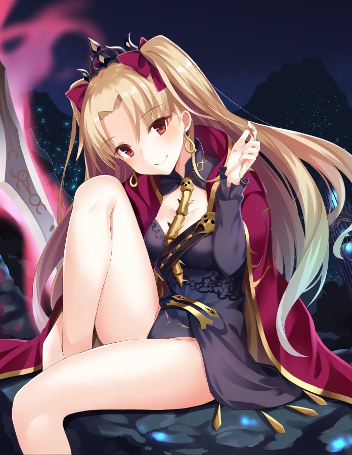 1girl bangs blonde_hair blush cape earrings ereshkigal_(fate/grand_order) fate/grand_order fate_(series) hair_ribbon jewelry long_hair looking_at_viewer night outdoors planted_sword planted_weapon playing_with_own_hair red_cape red_eyes red_ribbon ribbon signature sitting skull smile solo sword takehana_note tohsaka_rin twintails weapon