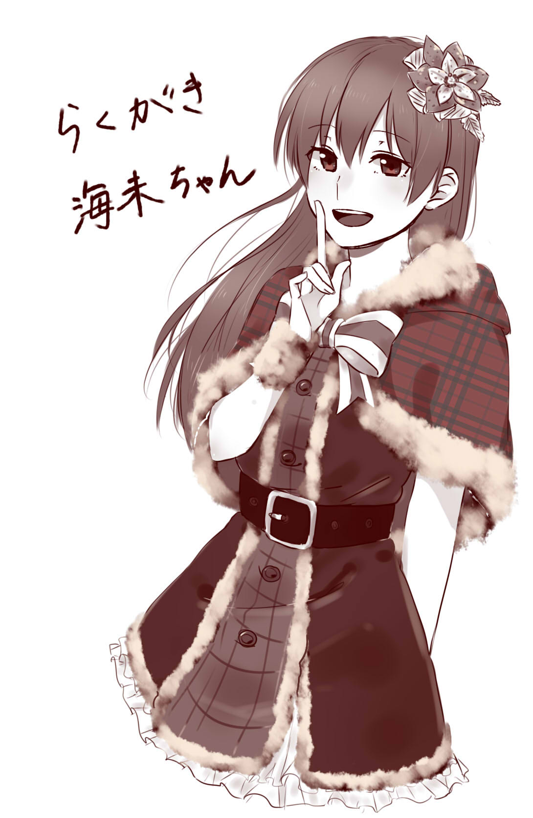 1girl artist_request bangs belt blush capelet christmas commentary_request cowboy_shot finger_to_mouth flower hair_flower hair_ornament highres index_finger_raised long_hair looking_at_viewer love_live! love_live!_school_idol_festival love_live!_school_idol_project monochrome open_mouth plaid ribbon shushing simple_background smile solo sonoda_umi text white_background