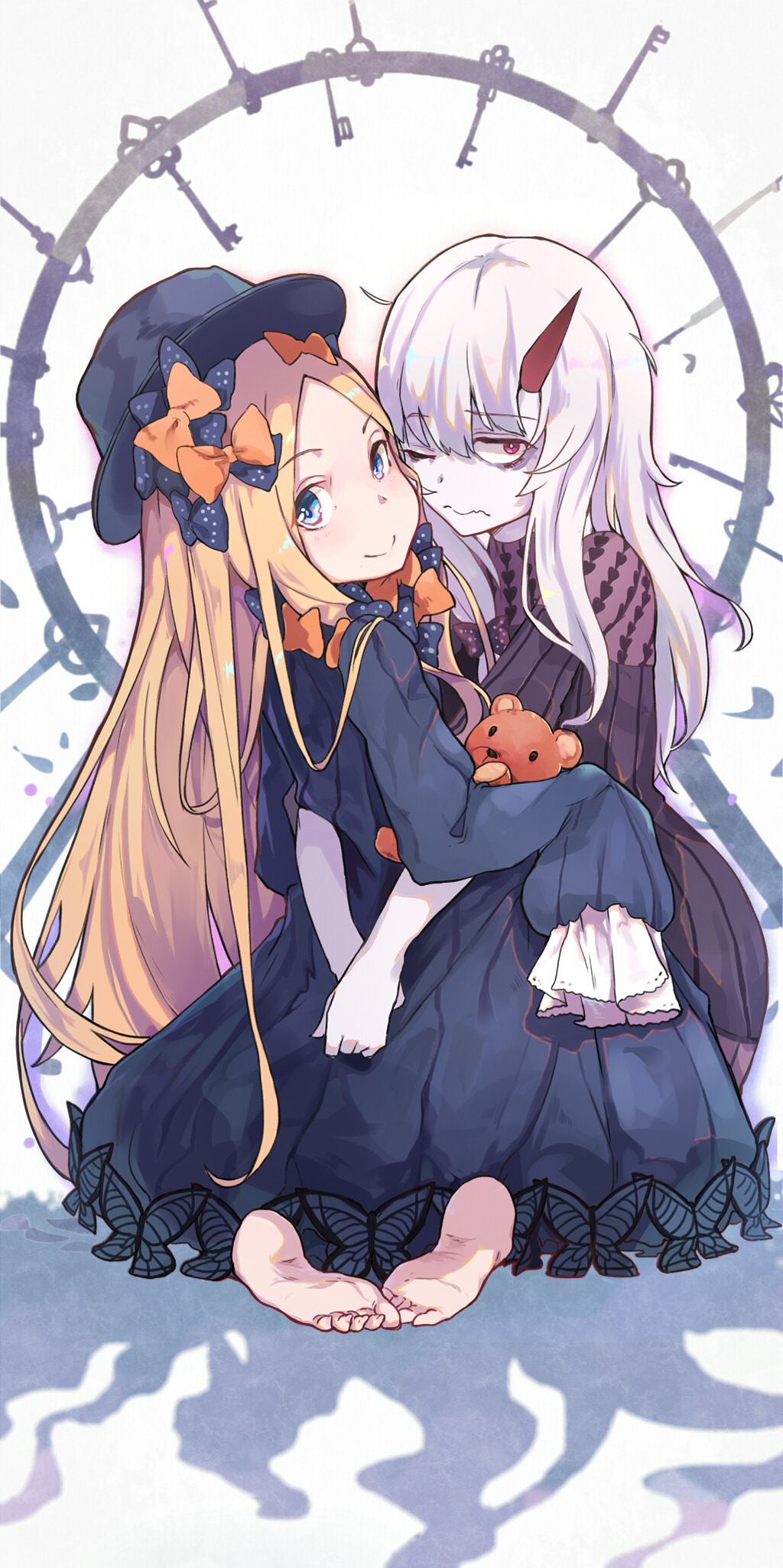 2girls abigail_williams_(fate/grand_order) bags_under_eyes bangs barefoot black_bow black_dress black_hat blonde_hair blue_eyes bow butterfly closed_mouth commentary_request dress eyebrows_visible_through_hair fate/grand_order fate_(series) hair_between_eyes hair_bow hands_in_sleeves hat highres horn hug key long_hair long_sleeves looking_at_viewer looking_back multiple_girls object_hug one_eye_closed orange_bow pale_skin pantie_painting parted_bangs pink_eyes polka_dot polka_dot_bow smile stuffed_animal stuffed_toy teddy_bear very_long_hair wavy_mouth white_background white_hair