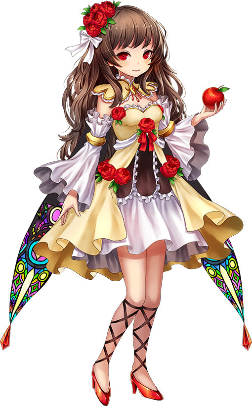 1girl alcazar_of_segovia_(oshiro_project) apple artist_request brown_hair detached_sleeves dress flower food fruit full_body hair_flower hair_ornament hair_ribbon high_heels holding holding_fruit holding_staff long_hair looking_at_viewer official_art oshiro_project oshiro_project_re red_eyes red_footwear ribbon rose sleeveless sleeveless_dress solo staff transparent_background white_ribbon yellow_dress