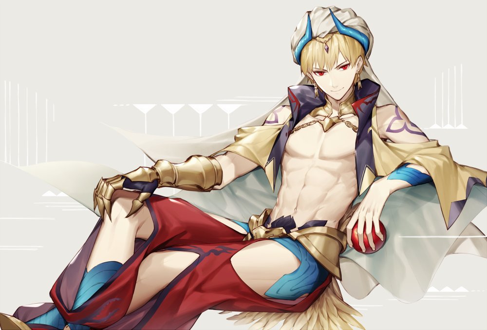 1boy abs apple armor blonde_hair cape closed_mouth fate/grand_order fate_(series) feet_out_of_frame food fruit gauntlets gilgamesh gilgamesh_(caster)_(fate) gorget grey_background hand_on_own_knee holding holding_fruit horns invisible_chair looking_at_viewer male_focus navel open_pants pants red_eyes red_pants single_gauntlet sitting smile solo turban yue_(kingdom1259)