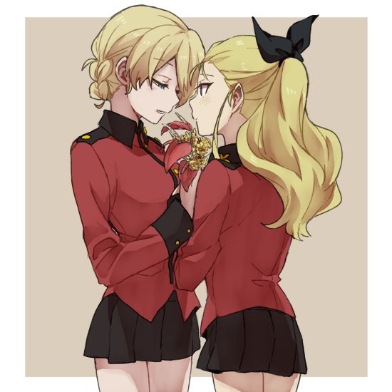 2girls assam braid closed_eyes darjeeling flower flower_request french_braid girls_und_panzer hair_over_one_eye long_hair multiple_girls outside_border ponytail ree_(re-19) st._gloriana's_military_uniform tan_background white_border yuri