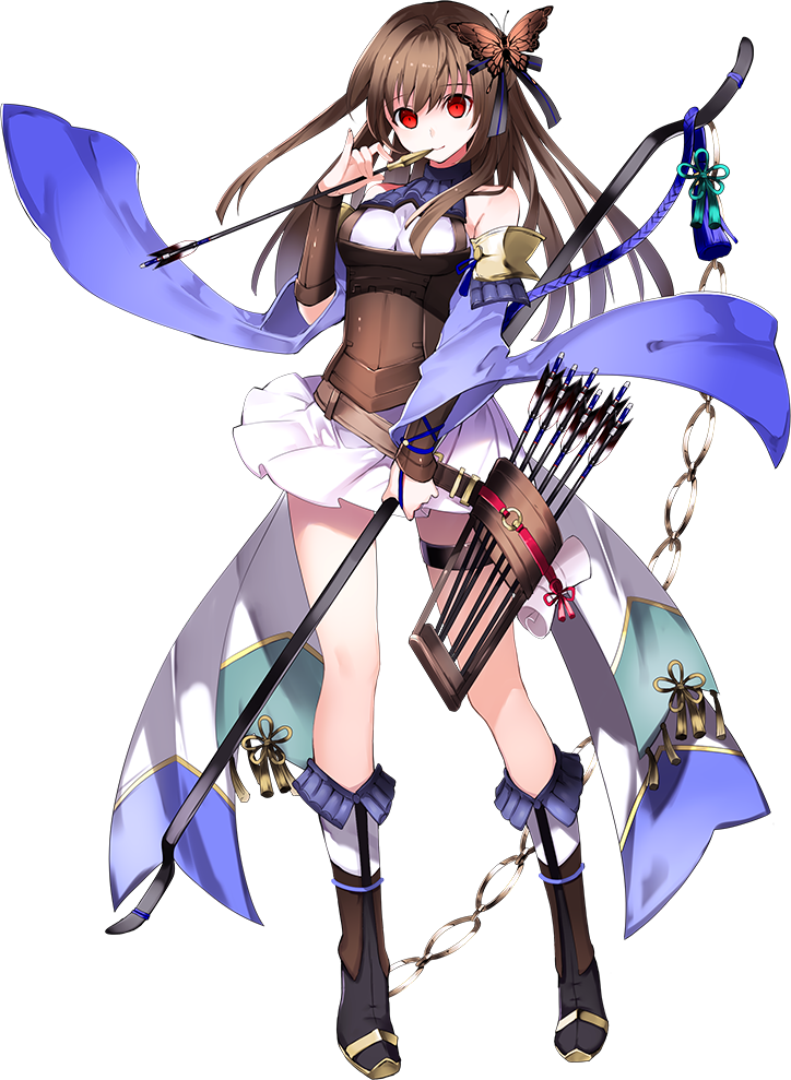 1girl boots bow bow_(weapon) breasts brown_hair butterfly_hair_ornament empty_eyes full_body hair_ornament holding holding_arrow holding_bow_(weapon) holding_weapon large_breasts long_hair nagato_shizuki_(oshiro_project) official_art oshiro_project oshiro_project_re pleated_skirt quiver red_eyes skirt smile solo transparent_background weapon white_skirt yuuki_kira