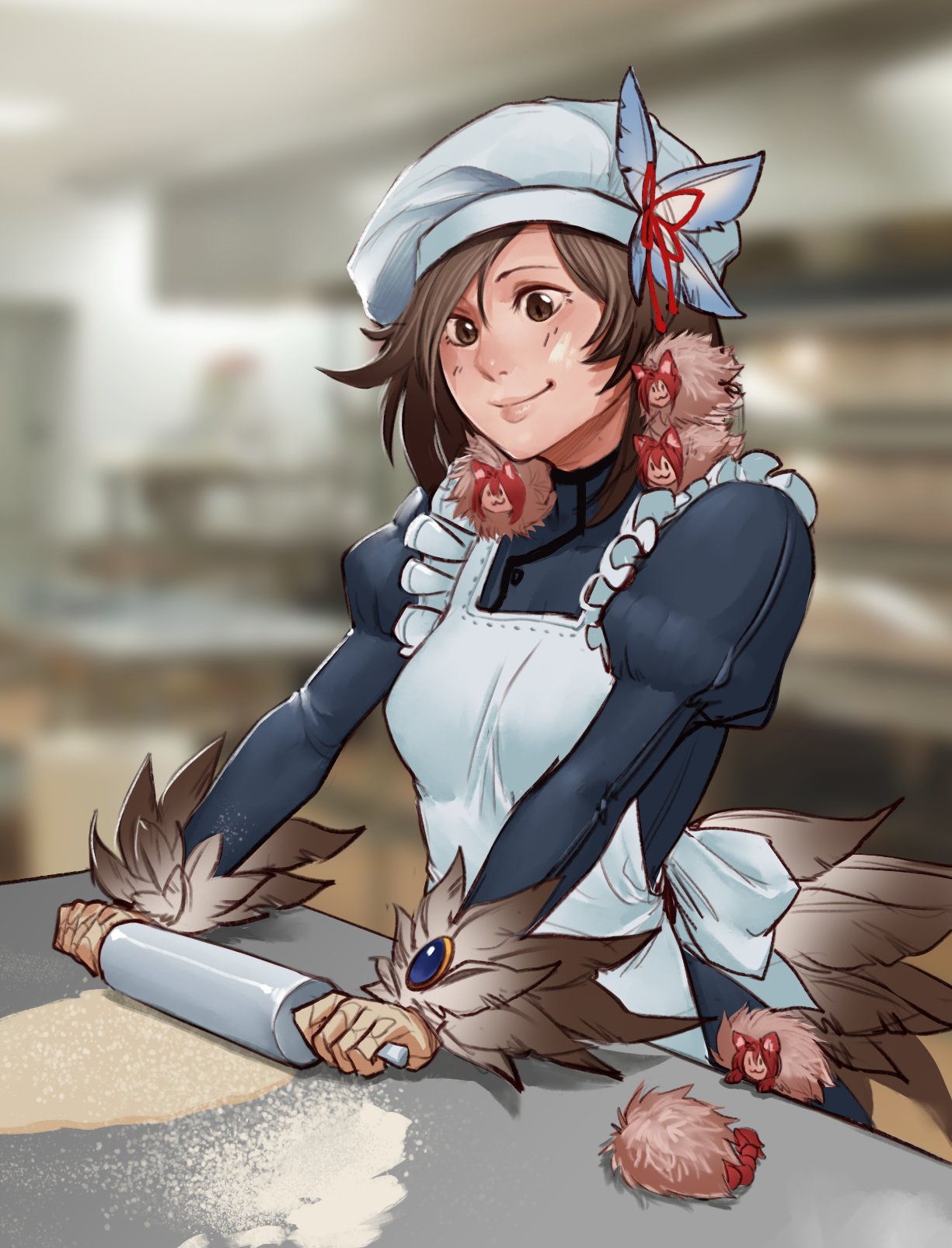 1girl :3 apron blurry blurry_background brown_eyes brown_hair commentary commission feathers flour hair_feathers hat highres juliet_sleeves kikimora_(monster_girl_encyclopedia) less long_hair long_sleeves maid manticore_(monster_girl_encyclopedia) monster_girl monster_girl_encyclopedia puffy_sleeves rolling_pin smile tail_feathers