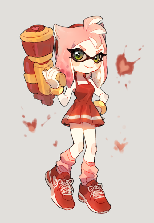 1girl amy_rose amy_rose_(cosplay) cosplay dress green_eyes hairband hanybe inkling loose_socks shoes smile sneakers socks solo sonic_the_hedgehog splatoon splattershot_(splatoon) super_soaker tentacle_hair