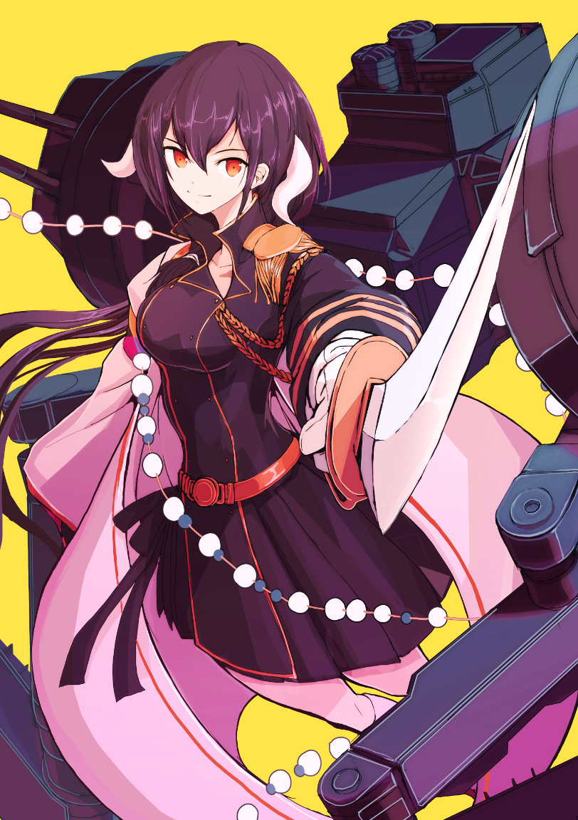 1girl aiguillette azur_lane bangs beads belt black_dress black_hair boushi-ya breasts closed_mouth dress epaulettes eyebrows facing_away gloves hair_between_eyes hair_tie holding holding_sword holding_weapon horns katana long_hair long_sleeves looking_at_viewer low-tied_long_hair machinery medium_breasts mikasa_(azur_lane) military military_uniform orange_eyes pleated_dress shiny shiny_hair simple_background smile solo standing sword uniform weapon white_gloves yellow_background