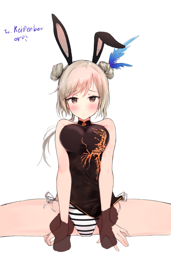 1girl aak animal_ears bangs bikini black_dress blade_&amp;_soul blush breasts brown_eyes china_dress chinese_clothes closed_mouth collarbone commission double_bun dress hair_ornament half-closed_eyes holding_arms large_breasts out_of_frame pov rabbit_ears short_dress short_hair_with_long_locks side_slit sidelocks silver_hair simple_background sitting solo_focus spread_legs striped striped_bikini swept_bangs swimsuit thighs white_background