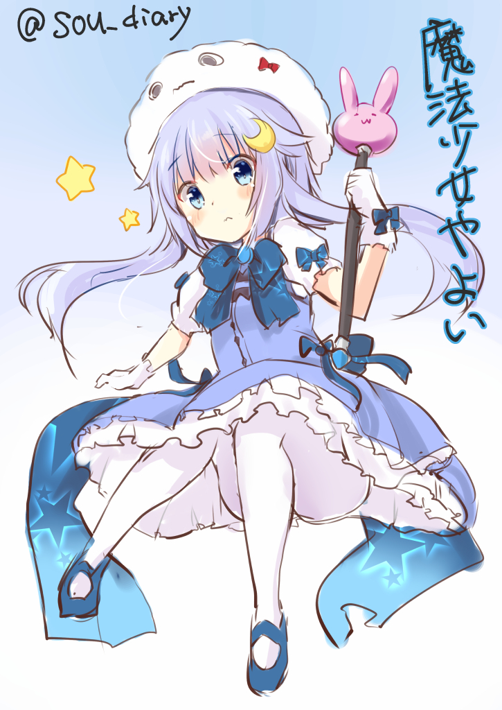 1girl blue_dress blue_eyes blue_hair commentary_request cosplay crescent crescent_hair_ornament dress gochuumon_wa_usagi_desu_ka? hair_ornament kafuu_chino kafuu_chino_(cosplay) kantai_collection long_hair magical_girl mary_janes miss_cloud pantyhose puffy_short_sleeves puffy_sleeves shoes short_sleeves sketch solo sou_(soutennkouchi) star translation_request twitter_username wand white_legwear yayoi_(kantai_collection)