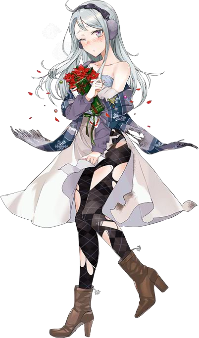 1girl boots bra dress drew_(drew213g) earmuffs flower full_body hairband jacket kantai_collection long_hair official_art one_eye_closed sagiri_(kantai_collection) silver_hair simple_background socks torn_clothes transparent_background underwear violet_eyes white_background