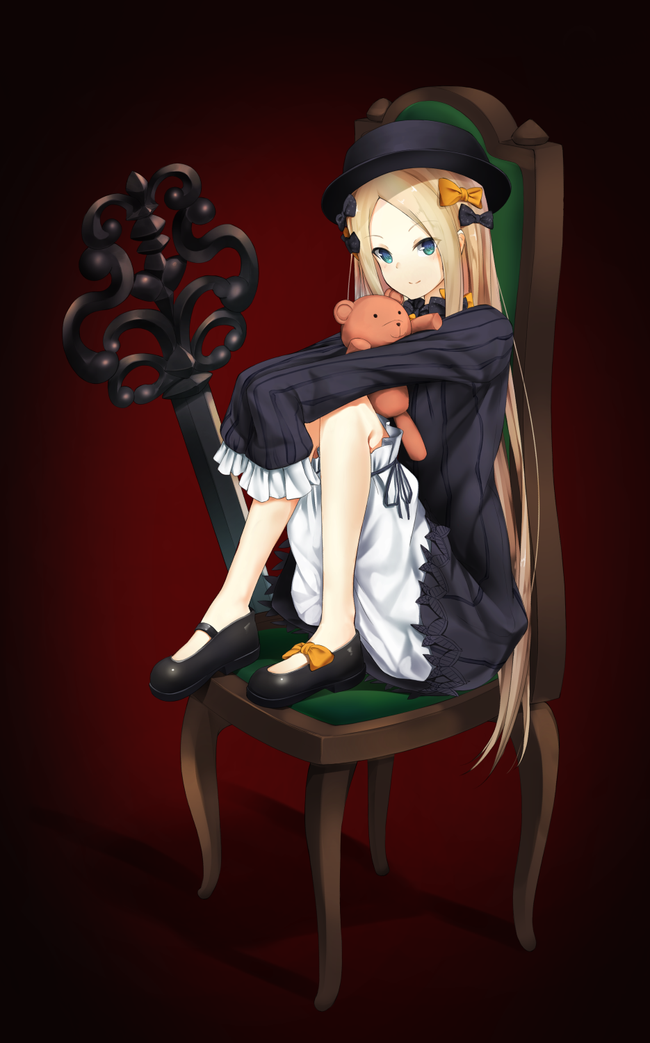 1girl abigail_williams_(fate/grand_order) bangs black_bow black_dress black_hat bloomers blue_eyes blush bow chair closed_mouth dress fate/grand_order fate_(series) fedora frilled_sleeves frills full_body gradient gradient_background hair_bow hands_in_sleeves hat highres hiraba_6018 key knees_on_chest knees_up long_hair long_sleeves mary_janes no_socks orange_bow oversized_object parted_bangs red_background shoe_bow shoes sitting smile solo straight_hair striped stuffed_animal stuffed_toy tareme teddy_bear underwear vertical-striped_dress vertical_stripes very_long_hair white_bloomers