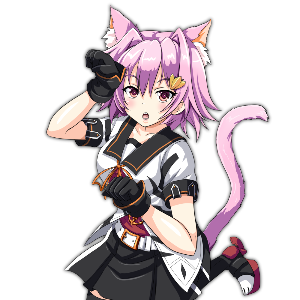 1girl animal_ears black_gloves black_skirt cat_ears cat_tail commentary_request gloves kantai_collection open_mouth paw_pose pink_hair pleated_skirt red_eyes school_uniform serafuku short_hair short_sleeves simple_background skirt solo tail tama_(kantai_collection) tk8d32 white_background