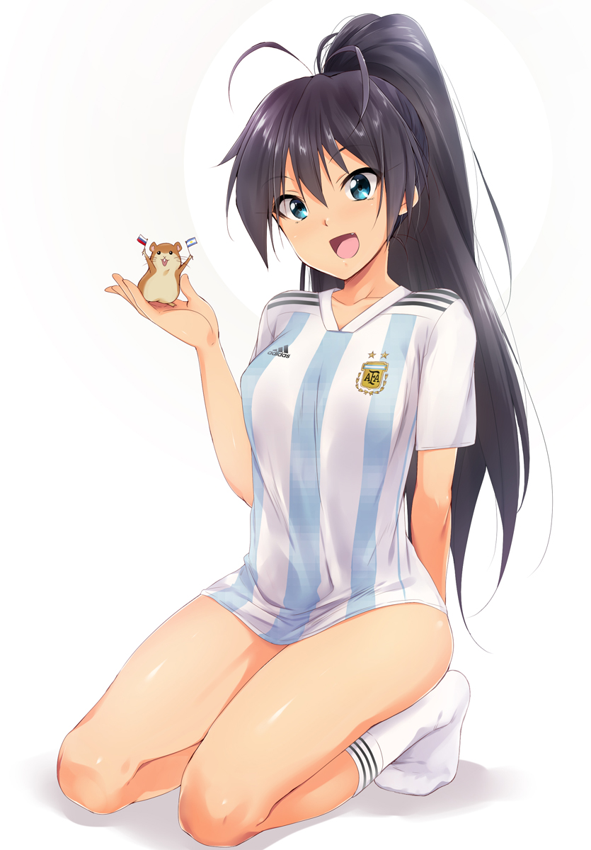 1girl :d animal antenna_hair argentinian_flag arm_behind_back black_hair blue_eyes breasts collarbone eyebrows_visible_through_hair fang ganaha_hibiki hair_between_eyes hamster hand_up highres idolmaster idolmaster_(classic) kaiga kneeling long_hair looking_at_viewer medium_breasts no_pants open_mouth ponytail shadow simple_background smile soccer_uniform socks sportswear white_legwear