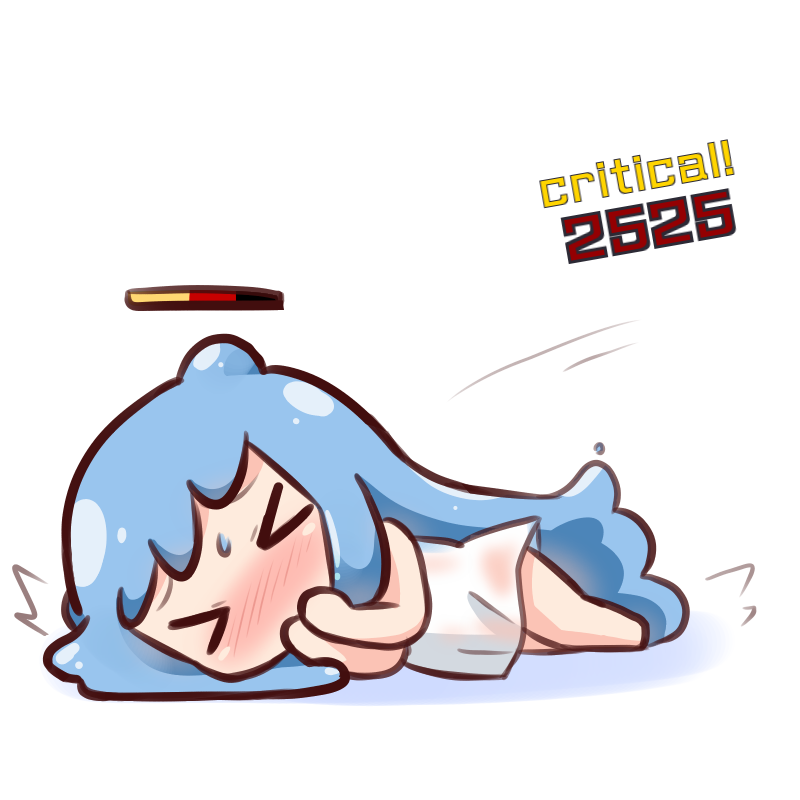 &gt;_&lt; 1girl absurdly_long_hair bangs barefoot blue_hair blush chibi commentary_request covering_mouth damage_numbers double_bun dress fallen_down gameplay_mechanics goo_girl half_slime-chan hana_kazari health_bar long_hair lying monster_girl nose_blush on_side original solo sweat very_long_hair white_background white_dress