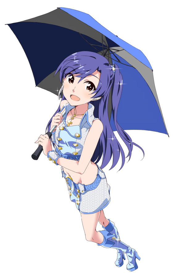 1girl :d blue_footwear blue_hair boots brown_eyes collarbone crop_top from_above full_body groin holding holding_umbrella idolmaster idolmaster_(classic) jewelry kisaragi_chihaya knee_boots long_hair looking_at_viewer midriff miniskirt navel necklace open_mouth racequeen side_ponytail skirt sleeveless smile solo sparkle standing stomach takeya_yuuki thigh-highs thigh_boots transparent_background umbrella very_long_hair wrist_cuffs