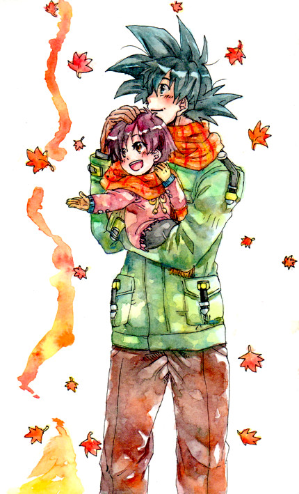 1boy 1girl :d ake_(ake54) black_eyes black_hair dragon_ball dragonball_z gloves grandfather_and_granddaughter hand_on_another's_head happy leaf looking_up open_mouth pan_(dragon_ball) scarf short_hair smile son_gokuu spiky_hair traditional_media watercolor_pencil_(medium) winter_clothes