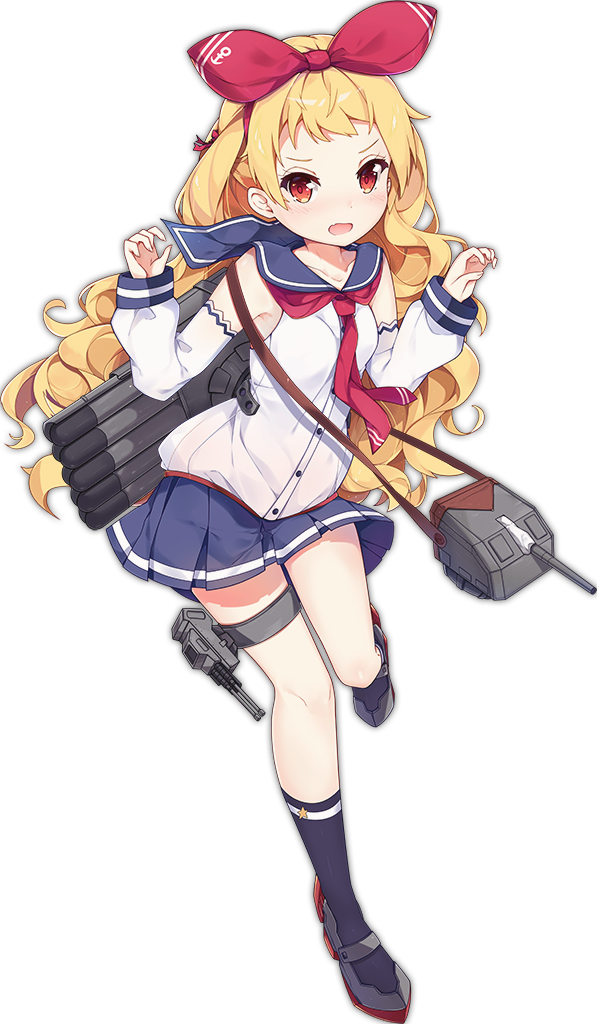 1girl anchor_symbol azur_lane bare_shoulders blonde_hair blue_skirt blush breasts buttons collarbone dango_remi detached_sleeves dot_nose fang grey_footwear hairband jenkins_(azur_lane) leg_up long_hair long_sleeves machinery miniskirt neckerchief open_mouth orange_eyes palms pleated_skirt red_hairband red_neckwear red_ribbon ribbon sailor_collar shoes skirt small_breasts solo standing standing_on_one_leg star thigh_strap tongue torpedo turret wavy_hair