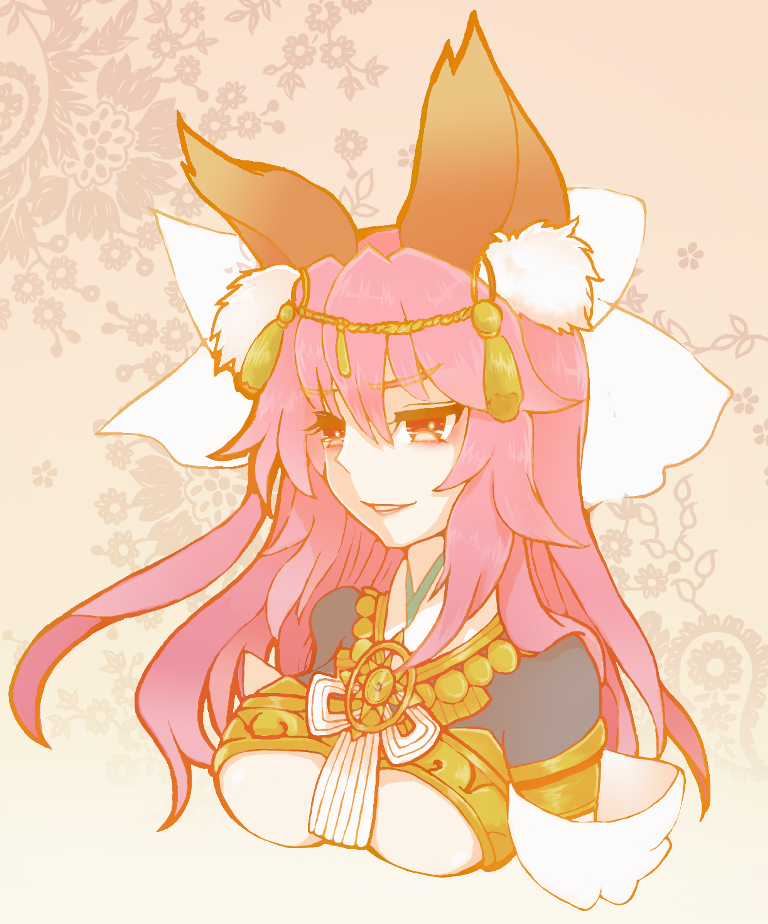 1girl alternate_costume alternate_hairstyle amaterasu_(fate) animal_ears breasts fate/extra fate/extra_ccc fate_(series) fox_ears hair_ribbon large_breasts long_hair millipen_(medium) pink_hair ribbon solo tamamo_(fate)_(all) tamamo_no_mae_(fate) tiara traditional_media under_boob yellow_eyes yoshinamiuijin