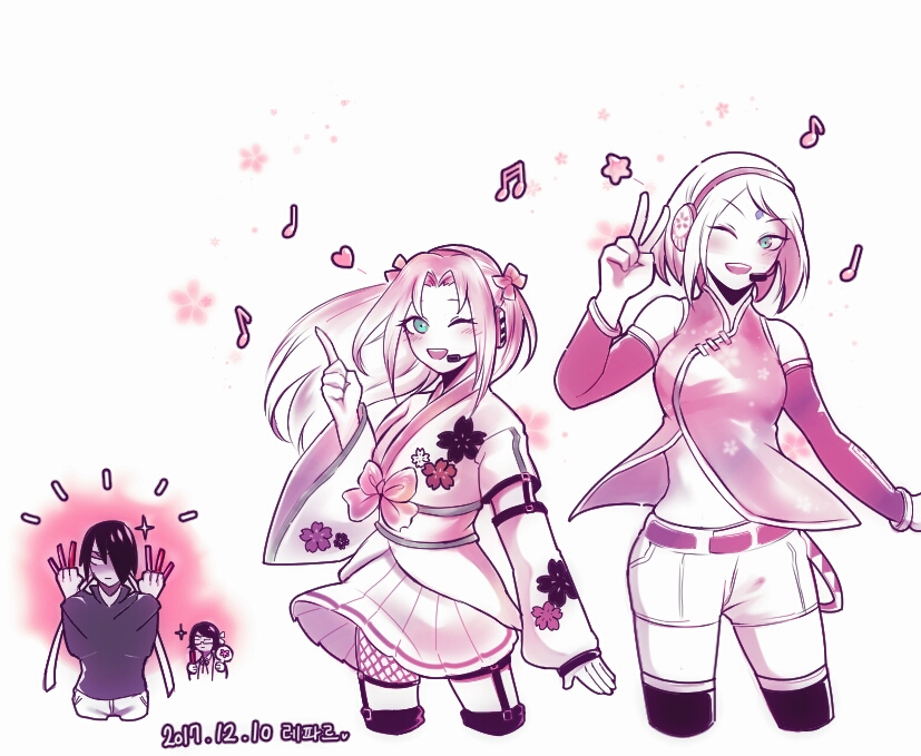 3girls adapted_costume blush detached_sleeves dual_persona garter_straps glowstick hairband haruno_sakura headband idol looking_at_viewer microphone monochrome multiple_girls naruto polish_(pixiv5544512) short_shorts shorts thigh-highs uchiha_sarada uchiha_sasuke