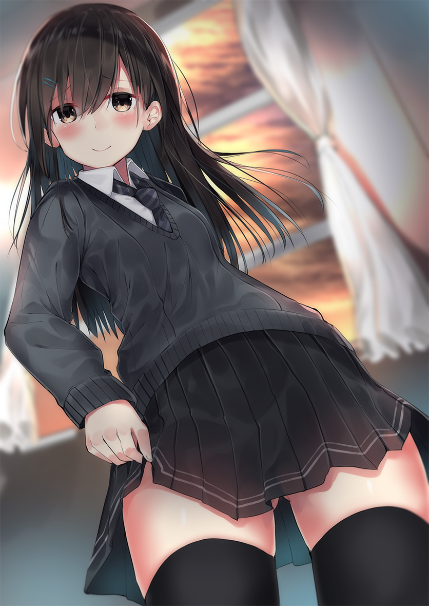 1girl bangs black_hair black_legwear black_skirt blush closed_mouth curtains eyebrows_visible_through_hair hair_between_eyes hair_ornament hairpin indoors long_hair long_sleeves looking_at_viewer necktie neku_(neku_draw) original pleated_skirt school school_uniform shirt skirt smile solo standing sweater thigh-highs window yellow_eyes