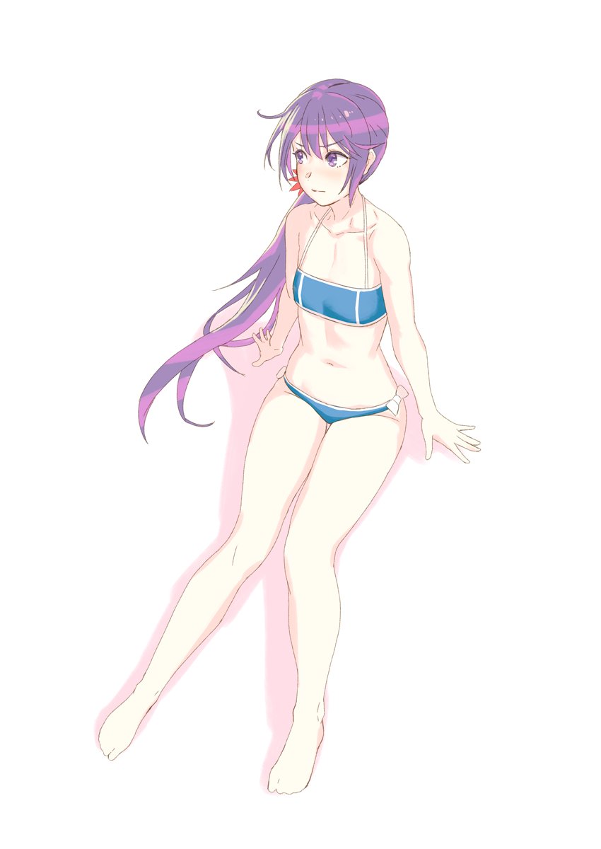 1girl akebono_(kantai_collection) bare_arms bare_legs bare_shoulders barefoot bikini blue_bikini blush breasts closed_mouth collarbone commentary_request embarrassed eyebrows_visible_through_hair full_body hair_between_eyes highres kantai_collection knees_together_feet_apart long_hair looking_away looking_to_the_side navel purple_hair side-tie_bikini side_ponytail simple_background small_breasts solo swimsuit very_long_hair violet_eyes white_background yuuji_(and)