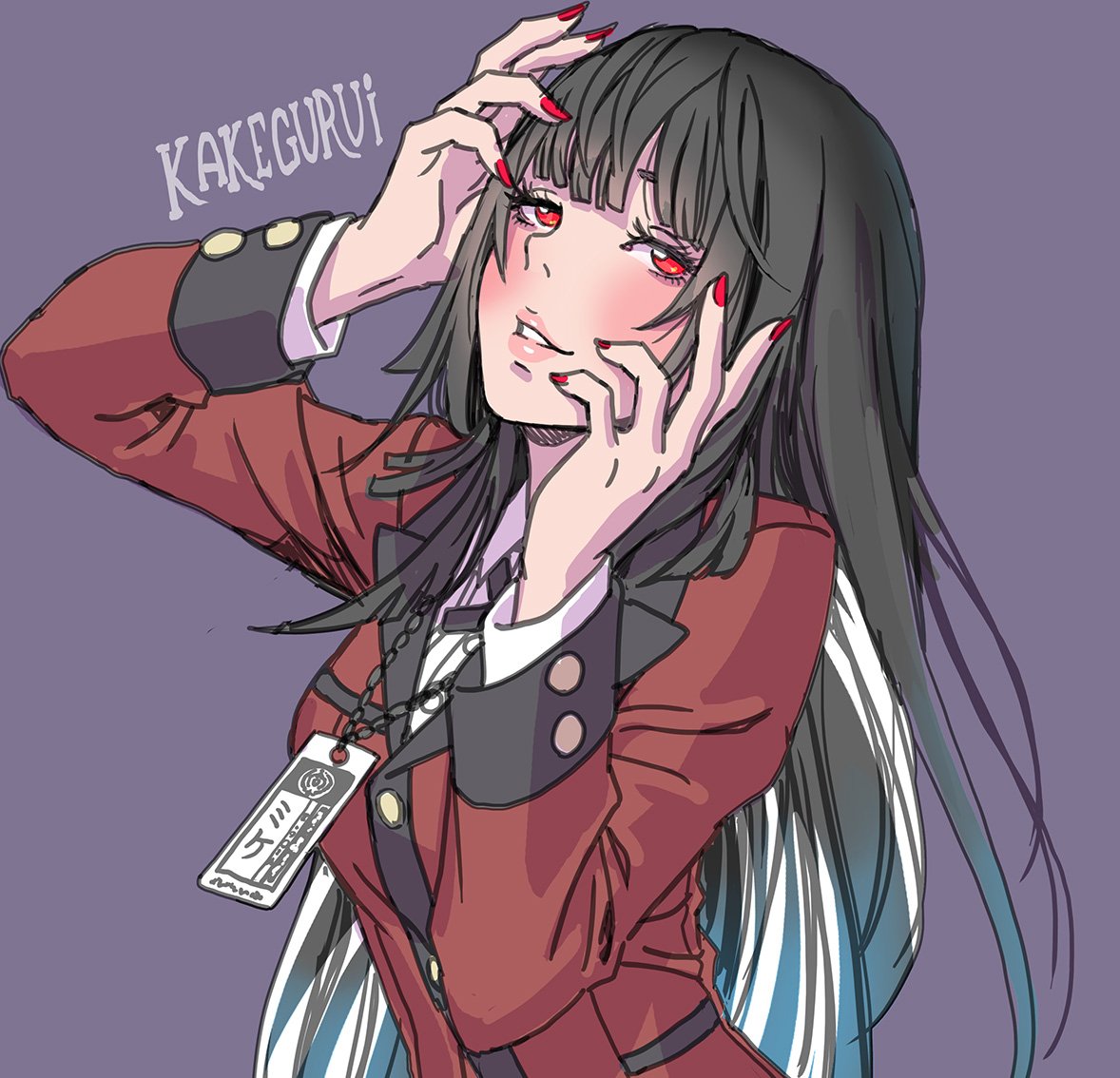 1girl bangs black_hair blunt_bangs blush breasts commentary_request eyelashes hands_on_own_face hime_cut jabami_yumeko jewelry kakegurui lips long_hair long_sleeves looking_at_viewer medium_breasts nail_polish necklace parted_lips purple_background red_eyes school_uniform sketch smile solo suit_jacket upper_body very_long_hair yamashita_shun'ya