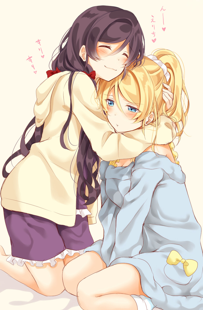 2girls :3 ^_^ ayase_eli between_legs blue_eyes blush bow breasts cleavage closed_eyes commentary_request frills hair_bow hand_between_legs highres hood hood_down hoodie hug kneeling long_hair long_sleeves love_live! love_live!_school_idol_project low_twintails mogu_(au1127) multiple_girls ponytail pout purple_hair red_bow scrunchie sitting tan_background toujou_nozomi twintails white_scrunchie yellow_bow yuri
