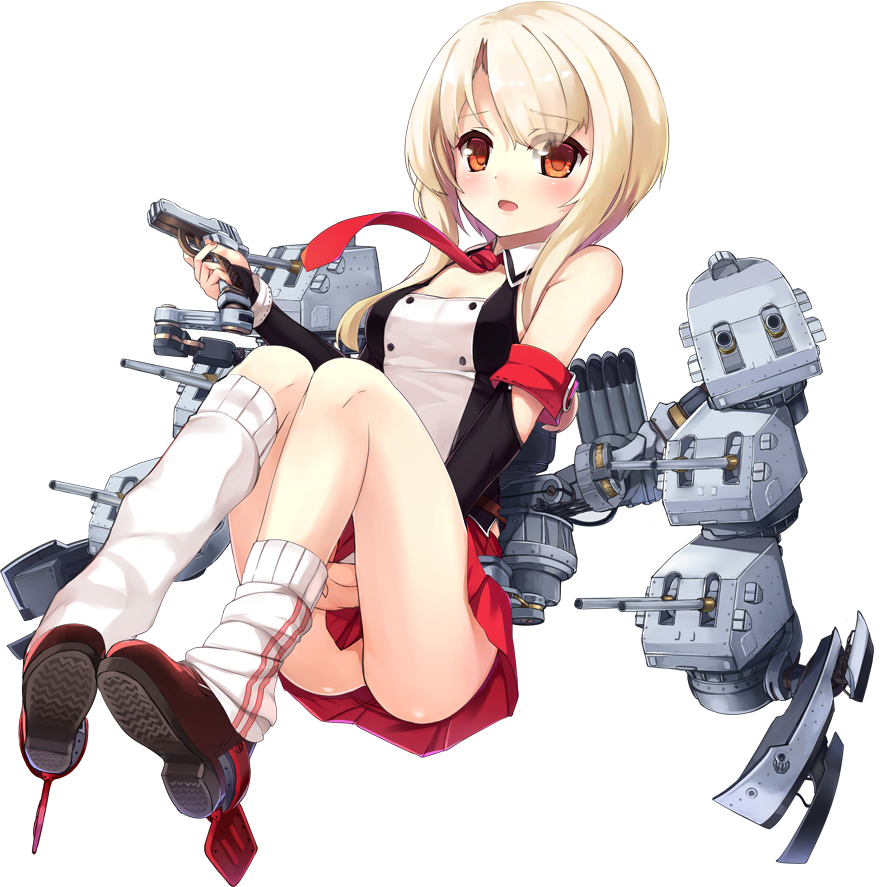 1girl azur_lane bare_shoulders between_legs blonde_hair bridal_gauntlets detached_collar eyebrows eyebrows_visible_through_hair eyes_visible_through_hair full_body holding juneau_(azur_lane) kaede_(003591163) leg_warmers long_hair machinery miniskirt necktie official_art open_mouth orange_eyes red_footwear red_neckwear red_skirt shirt shoes short_hair_with_long_locks sidelocks simple_background skirt sleeveless sleeveless_shirt solo straight_hair tongue torpedo transparent_background turret white_legwear