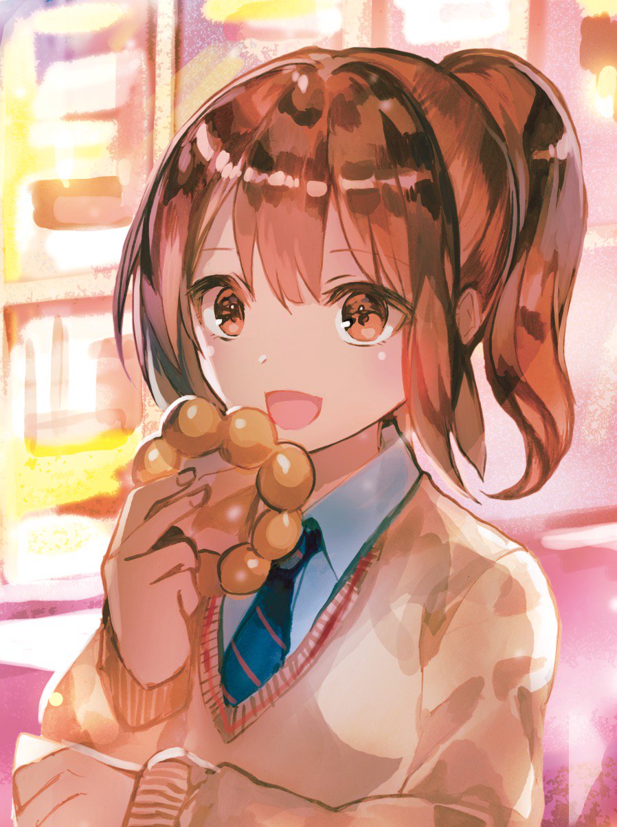 1girl :d blue_neckwear brown_eyes brown_hair cardigan collared_shirt commentary_request eating eyebrows_visible_through_hair food food_request highres holding holding_food long_sleeves looking_at_viewer necktie open_mouth ponytail rioka_(southern_blue_sky) shirt smile solo upper_body white_shirt wing_collar