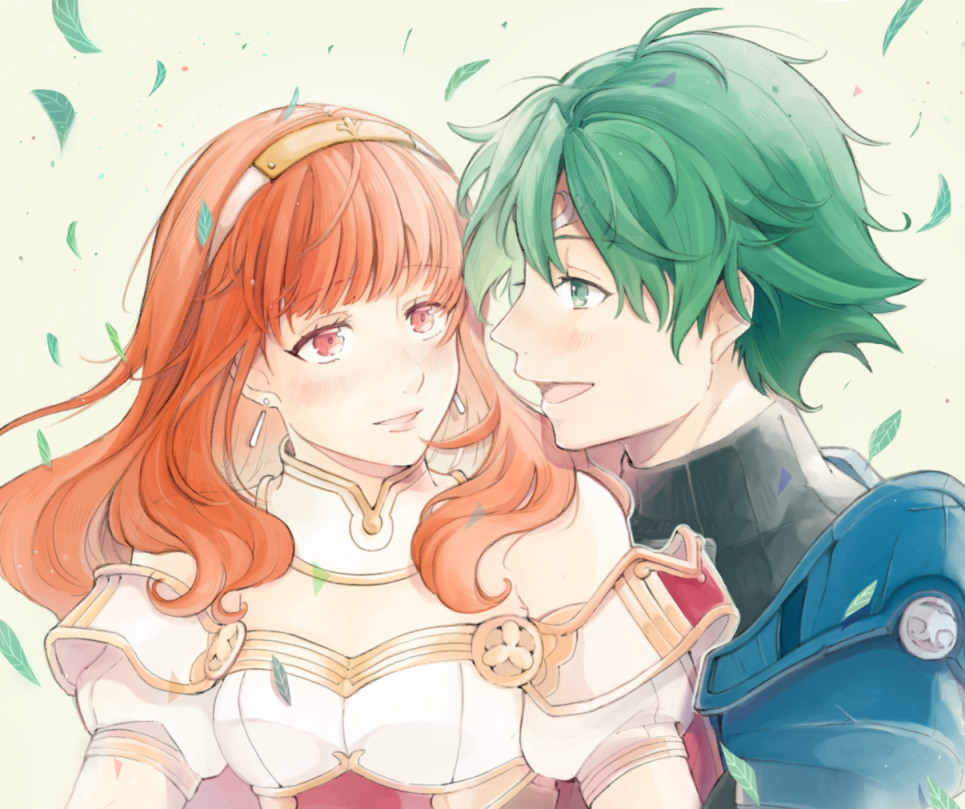 1boy 1girl alm_(fire_emblem) armor bare_shoulders blush breasts celica_(fire_emblem) circlet couple detached_collar earrings fire_emblem fire_emblem_echoes:_mou_hitori_no_eiyuuou green_eyes hairband hetero jewelry leaf long_hair looking_at_another medium_breasts open_mouth orange_hair portrait red_eyes short_hair smile tbsw turtleneck wind