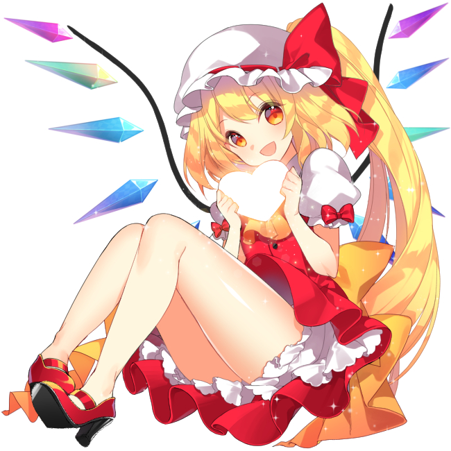 1girl ascot bangs bare_legs blonde_hair bloomers bow flandre_scarlet full_body hat hat_bow heart holding long_hair looking_at_viewer miniskirt mob_cap no_socks ponytail red_bow red_eyes red_footwear red_skirt roh_nam_kyung sash shoes skirt smile solo touhou underwear very_long_hair white_hat wings
