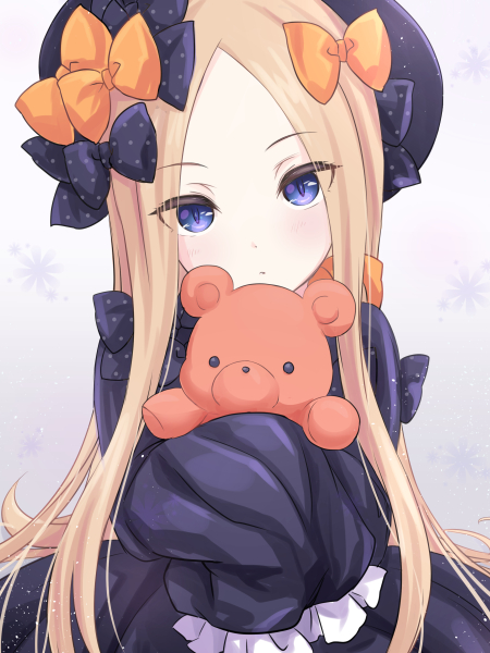 1girl abigail_williams_(fate/grand_order) bangs black_bow black_dress black_hat blonde_hair blush bow commentary_request dress eyebrows_visible_through_hair fate/grand_order fate_(series) hair_bow hands_in_sleeves hat head_tilt long_sleeves looking_at_viewer object_hug orange_bow parted_bangs parted_lips polka_dot polka_dot_bow solo stuffed_animal stuffed_toy teddy_bear violet_eyes yuuki_(yukinko-02727)