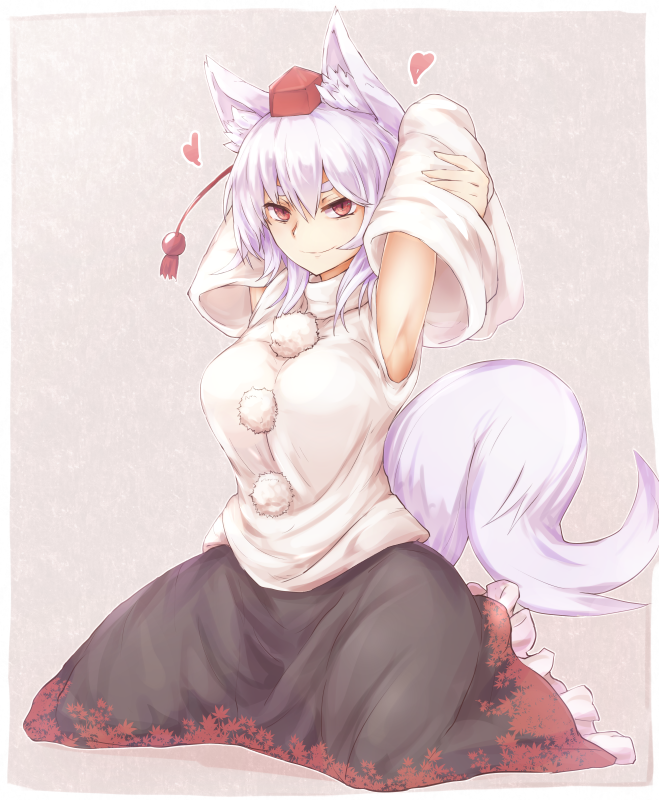 1girl alder animal_ears armpits arms_behind_head arms_up black_skirt blush breasts closed_mouth detached_sleeves dog_ears dog_tail eyebrows_visible_through_hair hat inubashiri_momiji large_breasts looking_at_viewer red_eyes red_hat seiza short_hair sitting skirt smile solo tail thick_eyebrows tokin_hat touhou white_hair