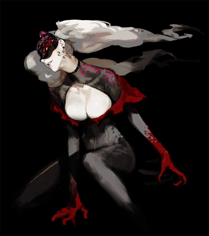 1girl belt_collar black_background black_bodysuit blood bloody_hands bodysuit breasts claws cleavage cleavage_cutout dark earrings jewelry large_breasts long_hair looking_at_viewer mask megami_tensei one_knee parted_lips persona persona_5 rr_(suisse200) shin_megami_tensei slit_pupils smile solo takamaki_anne twintails white_hair yellow_eyes