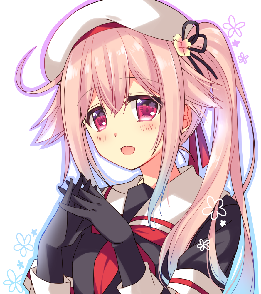 1girl beret black_gloves black_serafuku flower gloves hair_flaps hair_flower hair_ornament hands_together harusame_(kantai_collection) hat kantai_collection long_hair looking_at_viewer neckerchief open_mouth pink_hair red_eyes red_neckwear ringo_sui school_uniform serafuku side_ponytail solo upper_body white_background white_sailor_collar