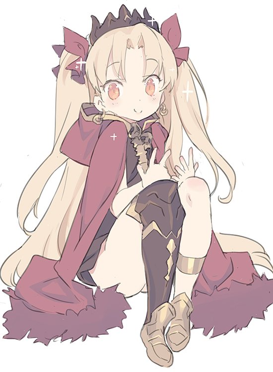 1girl asymmetrical_legwear bangs black_legwear blade_(galaxist) blonde_hair blush brown_dress cloak closed_mouth commentary_request copyright_request dress earrings ereshkigal_(fate/grand_order) eyebrows_visible_through_hair fate/grand_order fate_(series) full_body gold_footwear hair_intakes hair_ribbon headdress hood hooded_cloak hoodie jewelry long_hair looking_at_viewer orange_eyes red_cloak red_ribbon ribbon shoes simple_background single_thighhigh sitting smile solo sparkle tareme thigh-highs tohsaka_rin two_side_up very_long_hair white_background